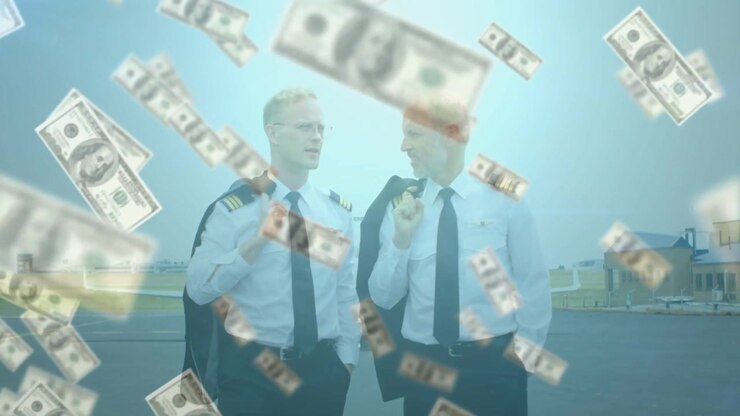 Piloti che camminano sulla rampa verso la telecamera, con una sovrapposizione di denaro che fluttua su di loro dall'inizio, mostrando i guadagni dell'aviazione.