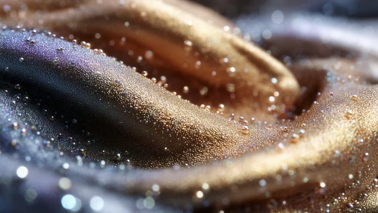 A Captivating Close-Up of Shimmering Fabrics with Beads of Water Captivatingly Adorning Their Surface, Showcasing Textures and Colors in a Luxurious, Elegant Display
