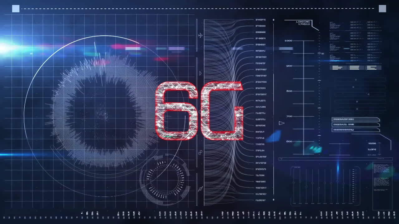 animación de texto y procesamiento de datos de 6g sobre fondo negro