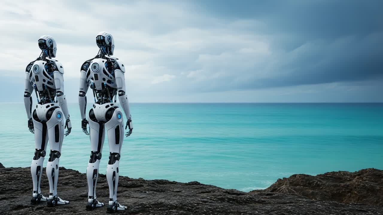 Two humanoid robots stand at the edge of a rocky shore, gazing out over a calm ocean under a dramatic sky filled with dark clouds, contemplating the future of humanity