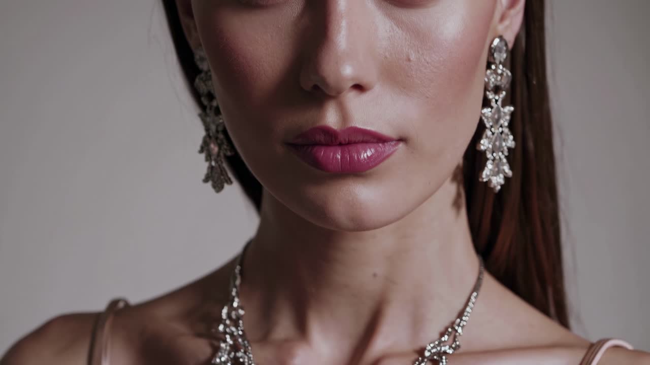 Close-up video shot of a woman's face, highlighting elegant jewelry