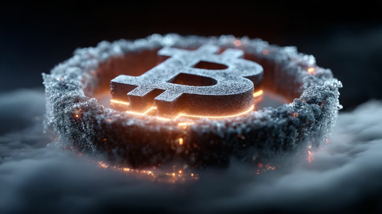 Glowing Cryptocurrency Symbol: A Captivating Visualization of Bitcoin Surrounded by a Luminous Ring and Ethereal Fog, Symbolizing Digital Wealth and Innovation