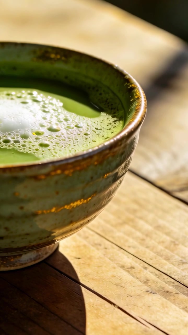 Vídeo vertical: Tigela de matcha esmaltada, com a espuma se movendo enquanto a luz incide sobre a mesa de madeira, com espaço para texto.