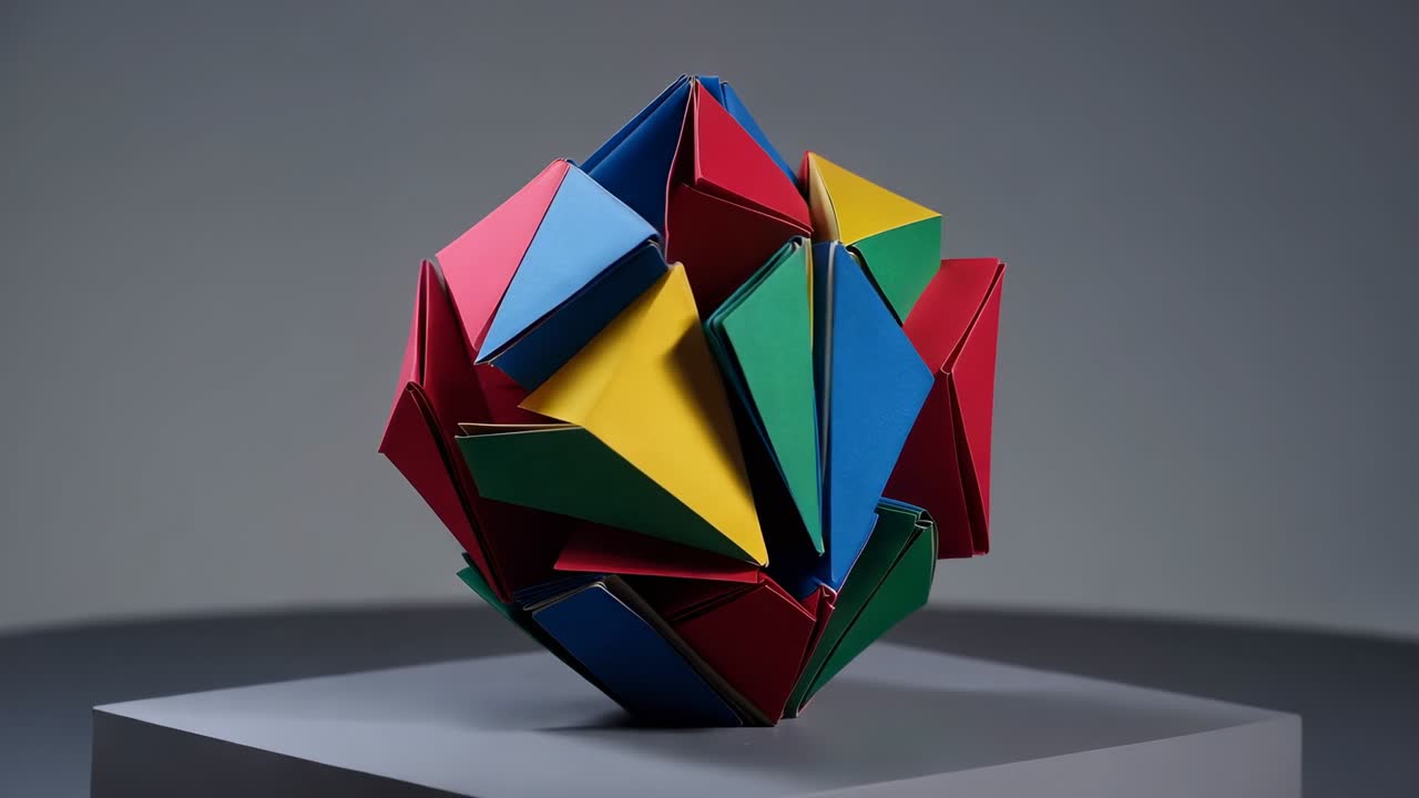 Rotating origami sculpture as turntable starts, turning on studio pedestal to reveal colored faces