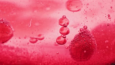 macro shot of sparkling red bubbles falling to ground in bright red water