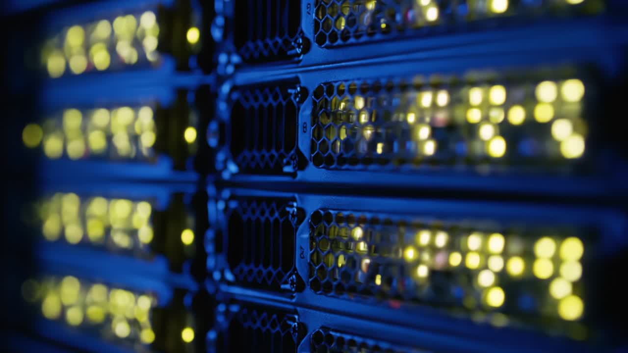High-Tech Data Center Storage Array Featuring Illuminated Servers and Network Equipment in a Cool Blue Hue, Highlighting Modern Computing Architecture and Connectivity