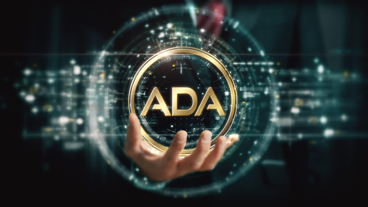 A visionary businessman extends his hand, unveiling a vibrant futuristic holographic display showcasing global crypto trading, business analytics, stock exchanges, and market trends : Cardano, ADA,