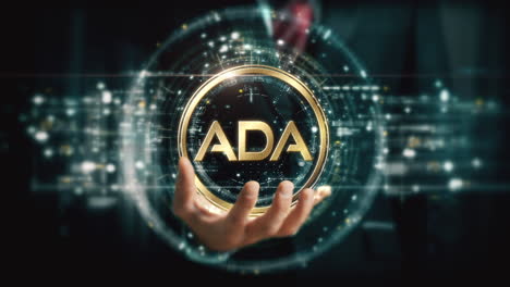 a visionary businessman extends his hand, unveiling a vibrant futuristic holographic display showcasing global crypto trading, business analytics, stock exchanges, and market trends : cardano, ada,