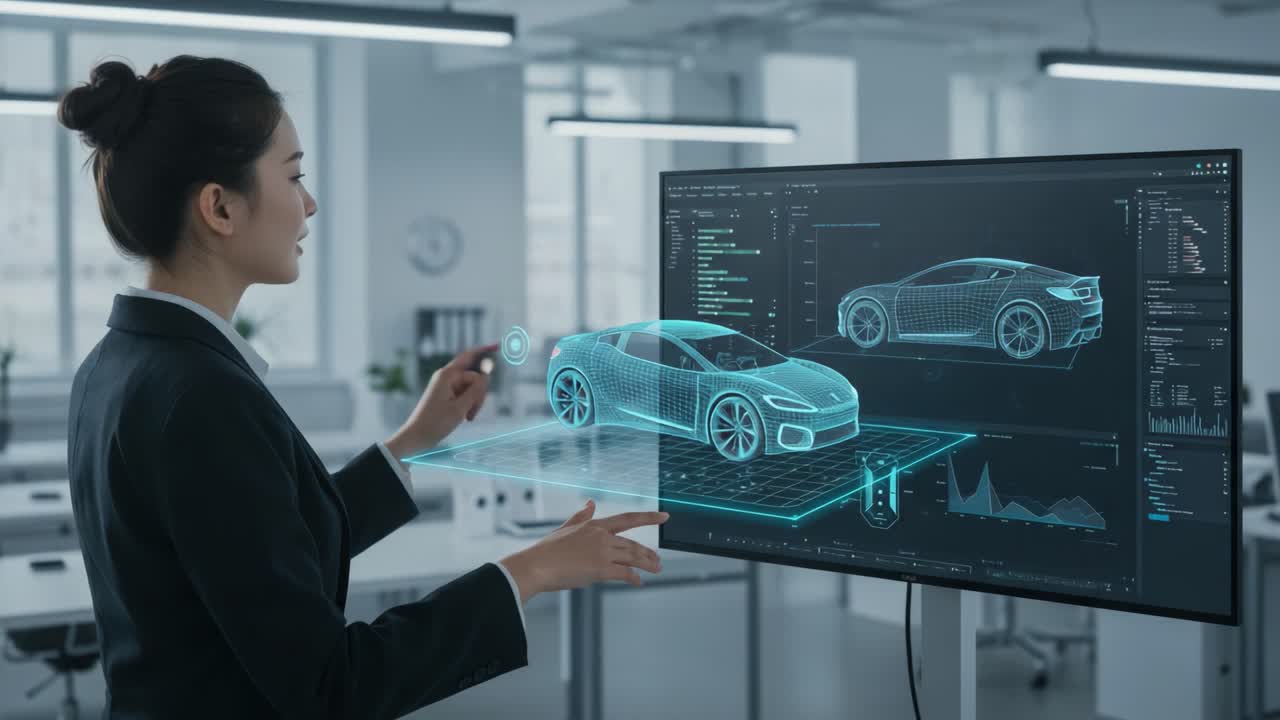A Professional Analyzing Advanced Vehicle Designs with Holographic Technology in a Modern Workspace, Showcasing Innovation and Automotive Engineering Excellence