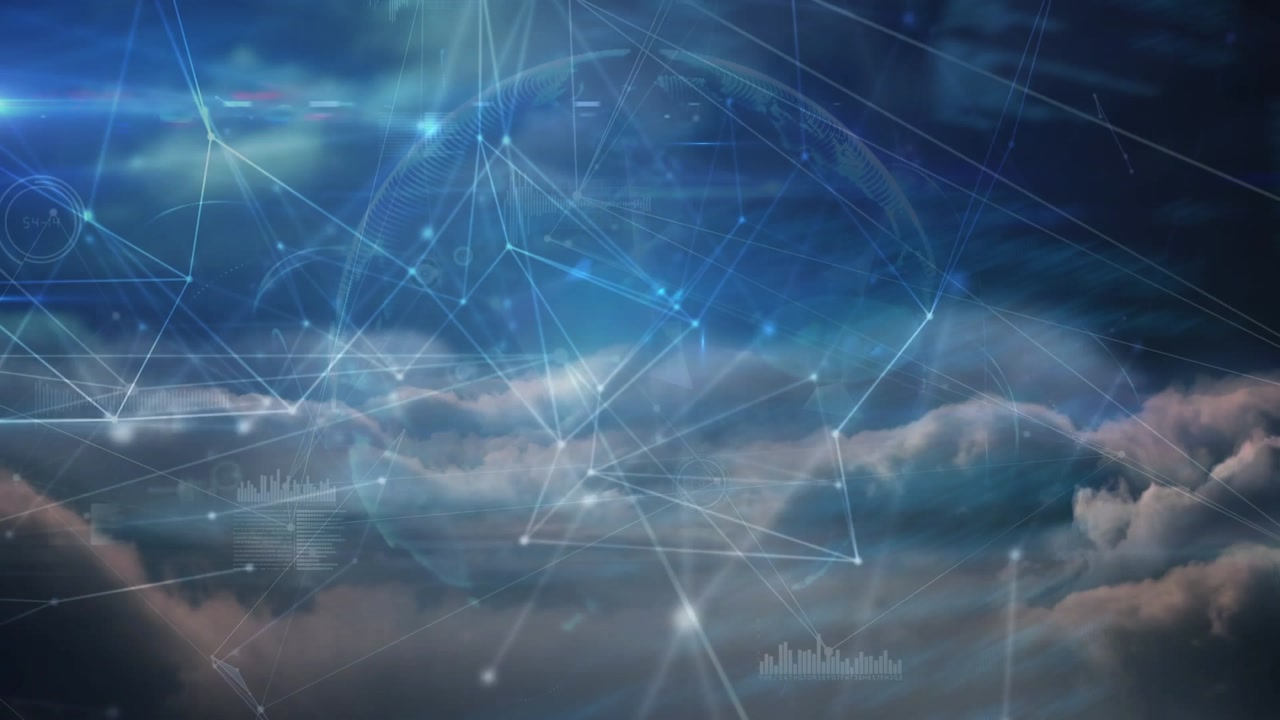 Animation of network of connections and data processing over sky with clouds