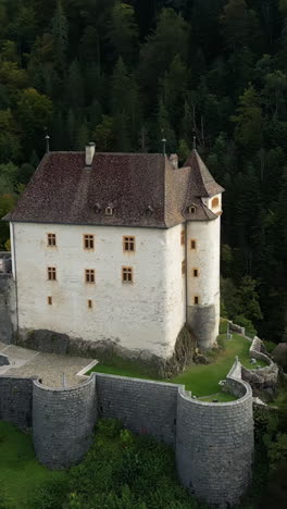 vertical, aerial: parallax drone shot of valangin castle during the day in canton of neuchatel, switzerland