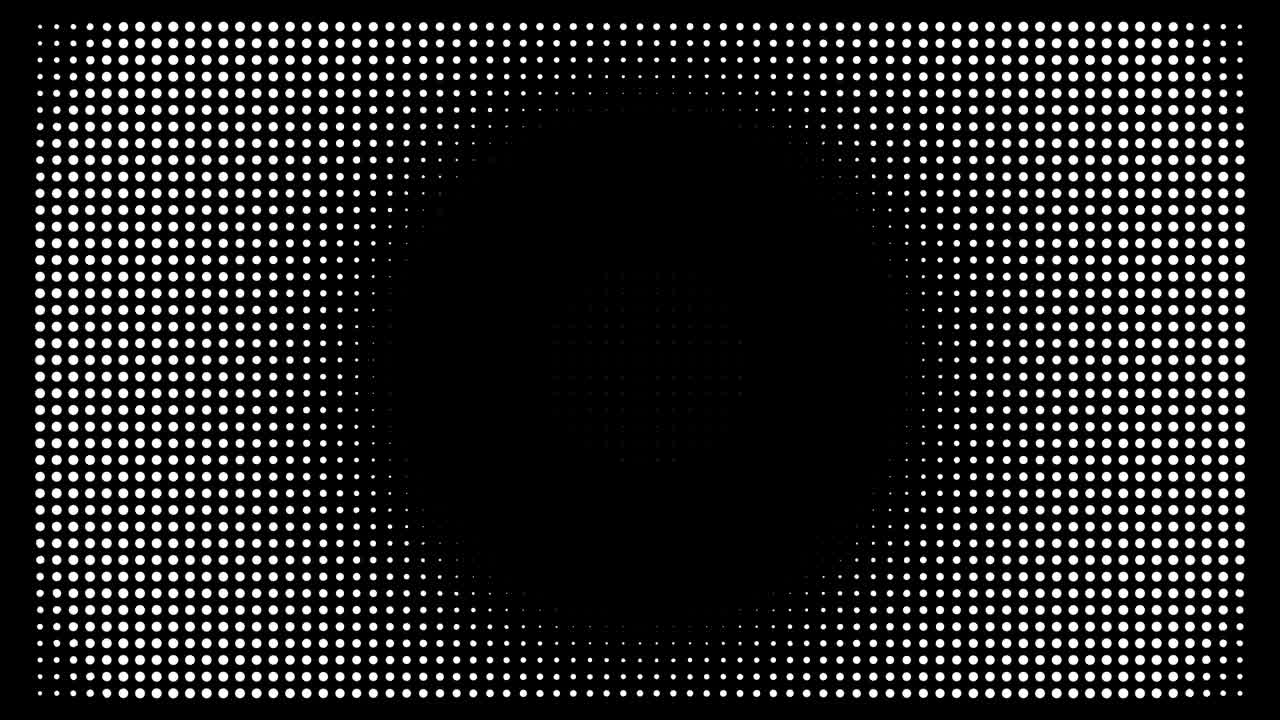 White polka dots against black background. Concentric growing circles seamless loop transition
