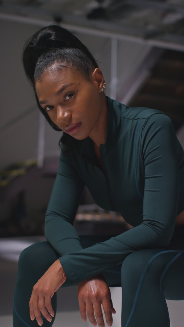 retrato en vídeo vertical de una atleta decidida entrenando en el gimnasio sentada y concentrada en el vestuario con expresión enfocada
