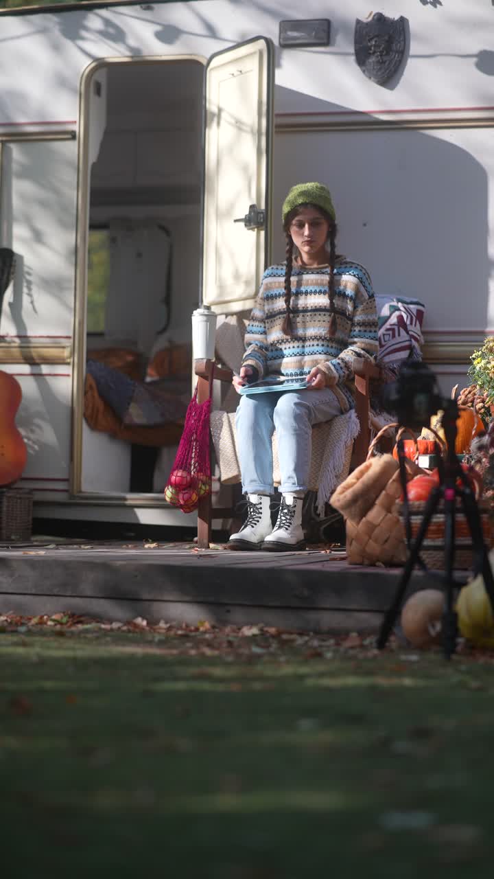 mujer vlogging desde una caravana en otoño
