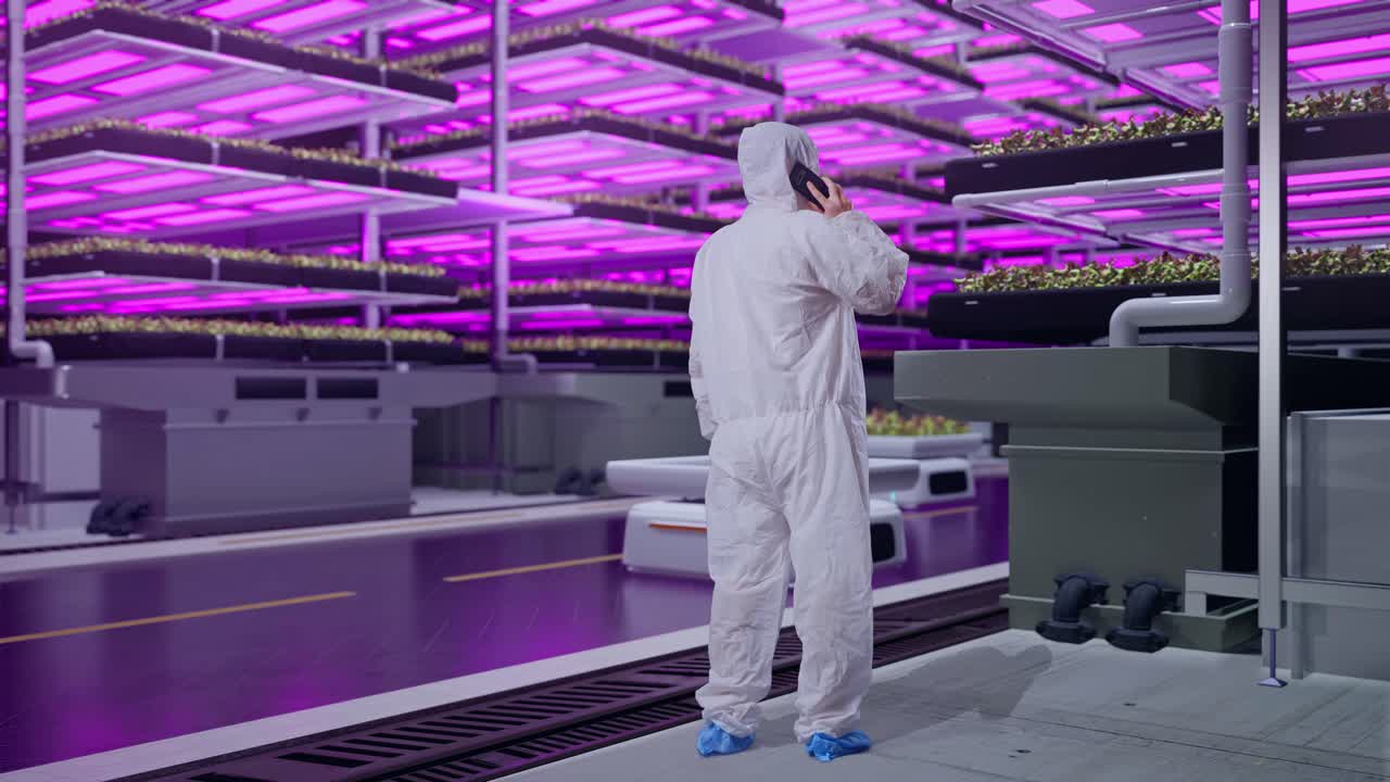 Full Body Back View Of Asian Male Scientist Talking On Smartphone While Standing In Vertical Farm
