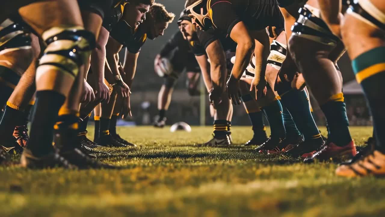 Dynamic low-angle video shot capturing intense rugby scrum, showcasing teamwork and determination