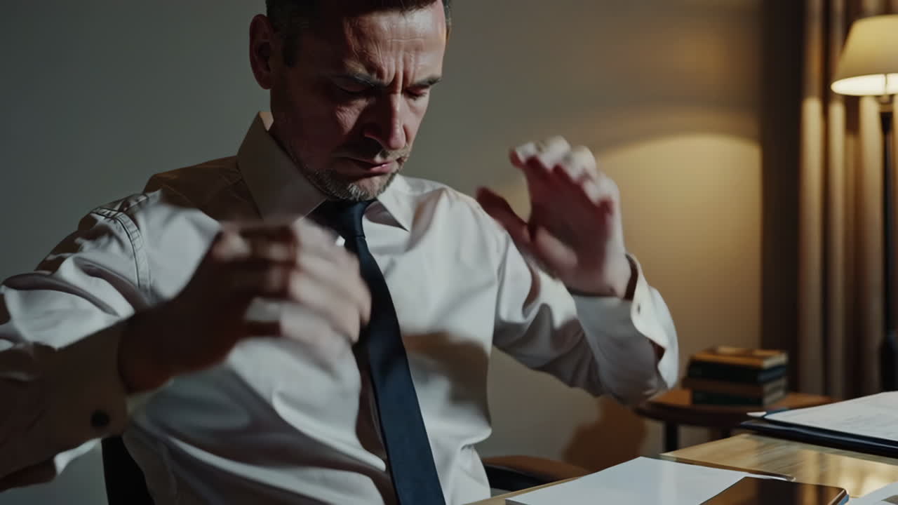 un hombre de negocios estresado trabajando hasta tarde en la noche.