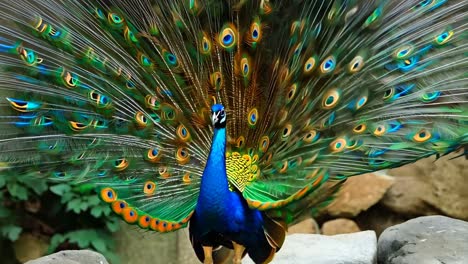 un pavo real con sus plumas extendidas sobre una roca