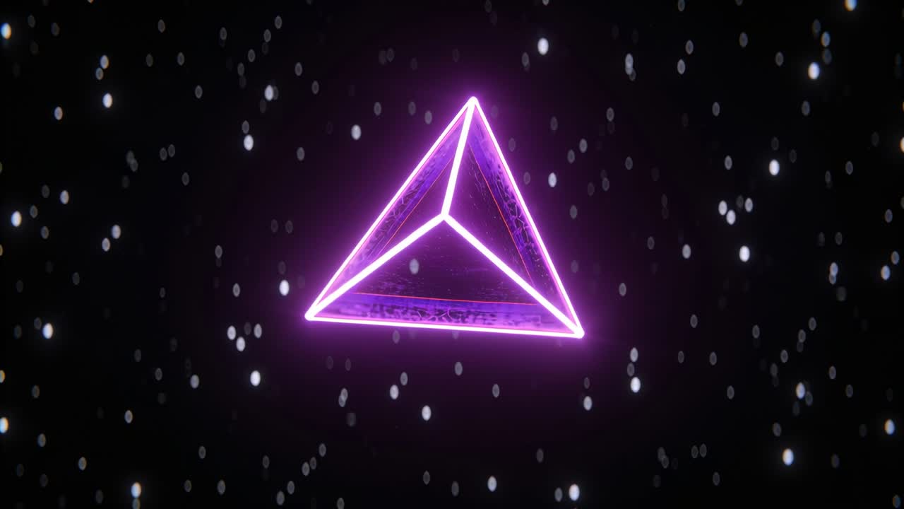Appearing neon magenta triangular form rotating clockwise in dark starfield, revealing inner cavity
