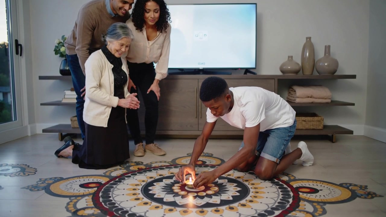 Lowering kneeling man placing lit lantern on mandala rug at home after gathering, honoring senior