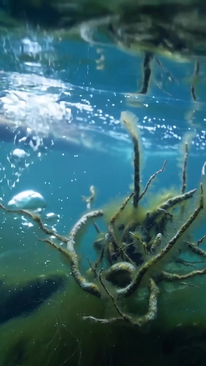 Vertical video: Rising bubbles nudging root cluster in pond near waterline, filaments swaying