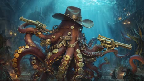 steampunk octopus gunslinger underwater