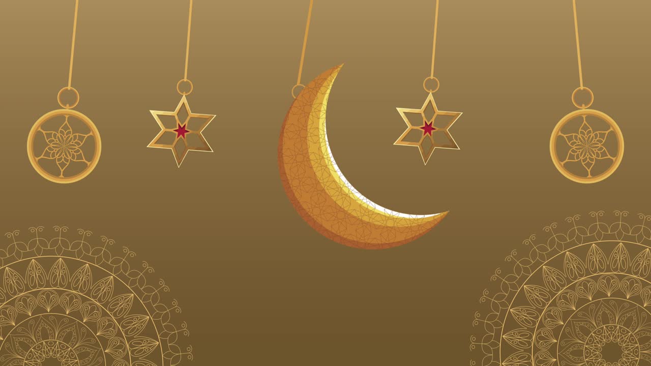 animación de ramadan kareem con luna y estrellas colgando