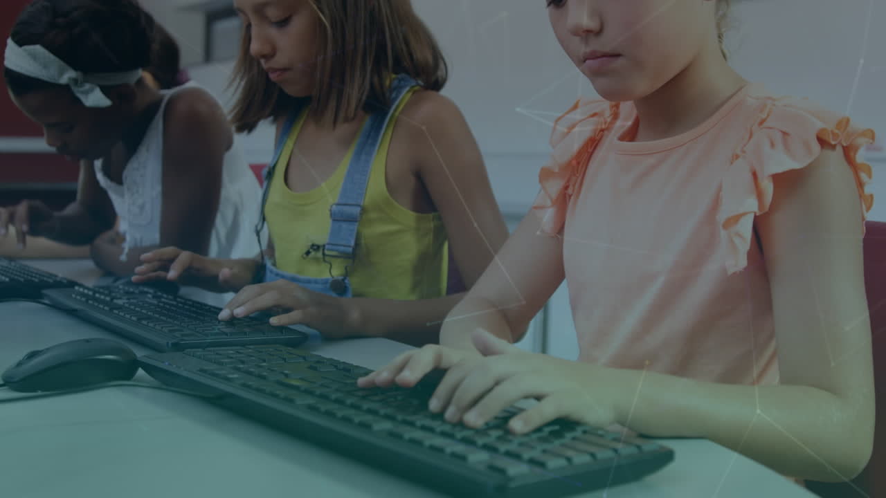 Network of connections over three diverse girls using computer at school