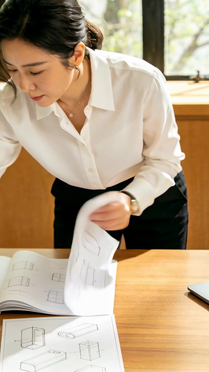 Female designer leaning over sketchbook, flipping pages after spotting detail to refine layout