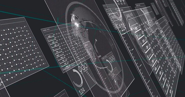 Data pulse starting rotation HUD panels and globe rotating, flashing hotspot updating for analytics