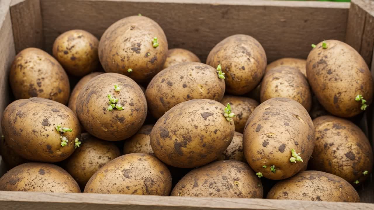 A Close-Up View of Freshly Harvested Potatoes in a Wooden Crate, Featuring Visible Sprouts on Their Surfaces, Perfect for Planting or Culinary Use