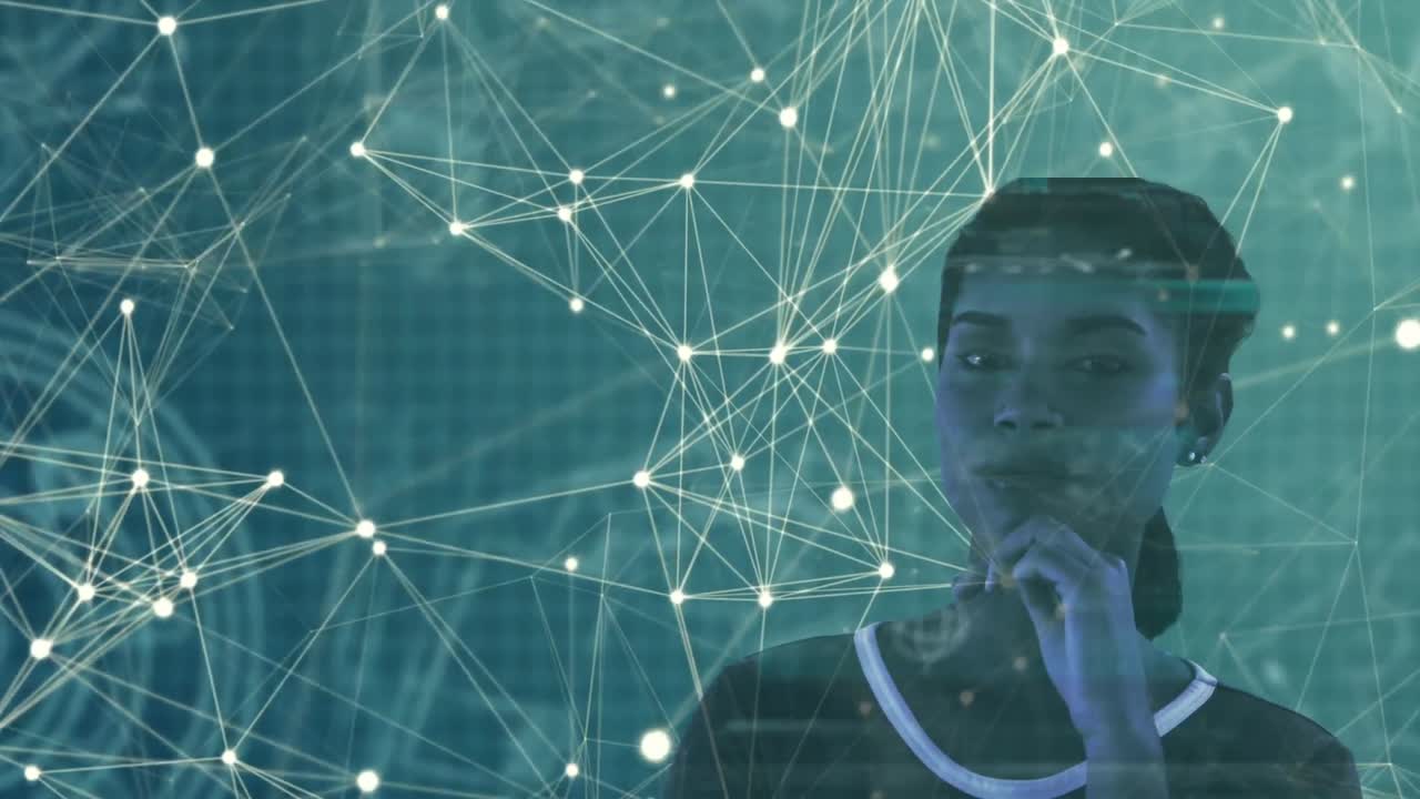 retrato de una mujer de raza mixta con una red de conexiones moviéndose en la rejilla en el fondo