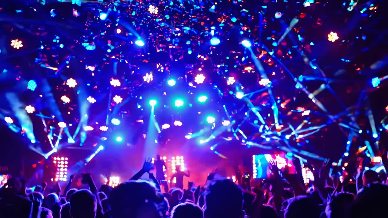 Vibrant concert scene with confetti and lights, captured from a low-angle