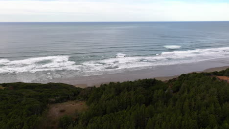 cámara lenta de las olas del océano corriendo en tierra en la playa con un bosque exuberante en oregon