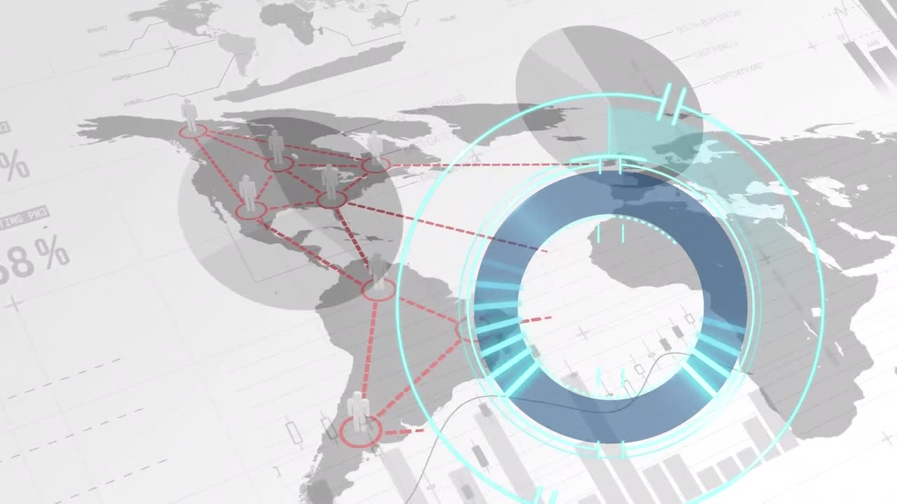 백색 배경에 연결 네트워크를 통해 범위 스캐닝과 데이터 처리의 애니메이션