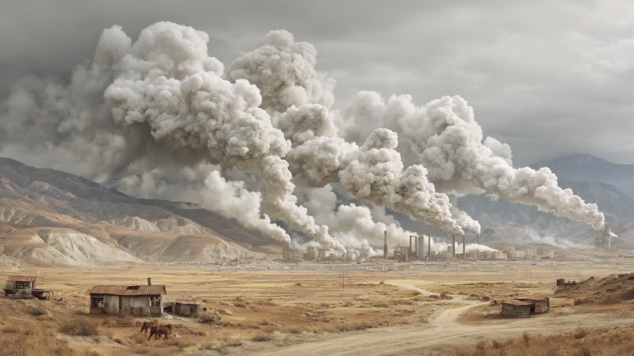 A stark contrast between the desolate landscape and the looming industrial smokestacks, depicting the intense pollution that impacts the environment and atmosphere