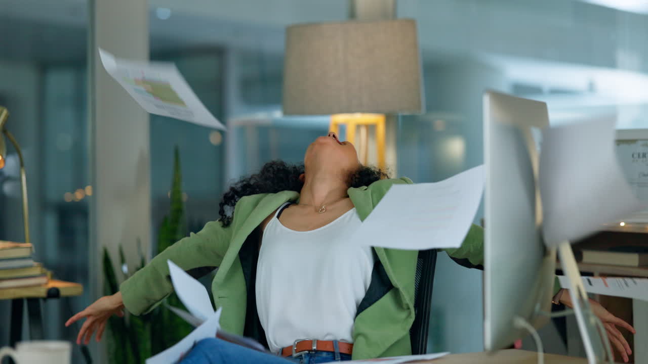 Throw, paper, success and black woman in office