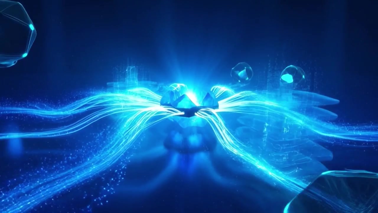 Abstract Digital Core Emitting Glowing Data Streams in Cyberspace