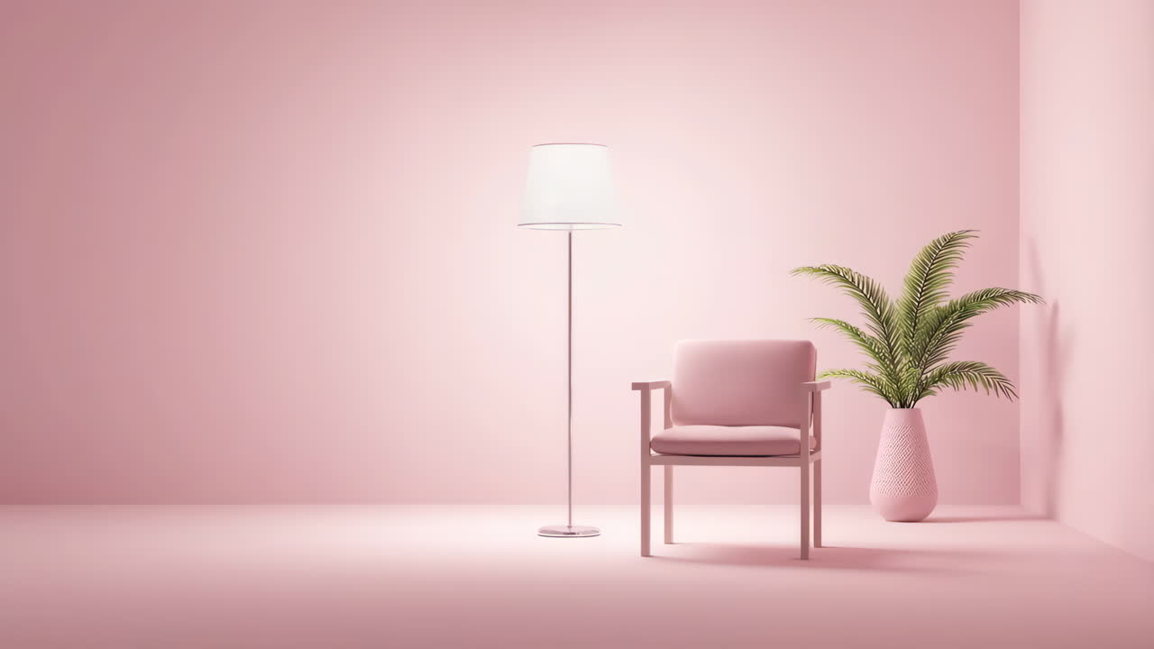 Minimalist Pink Room Interior with Armchair, Lamp, and Plant