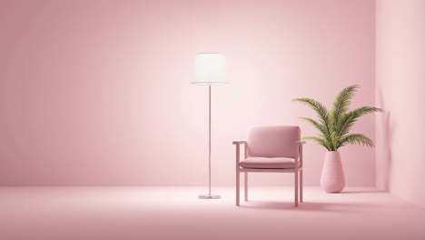 minimalist pink room interior with armchair, lamp, and plant