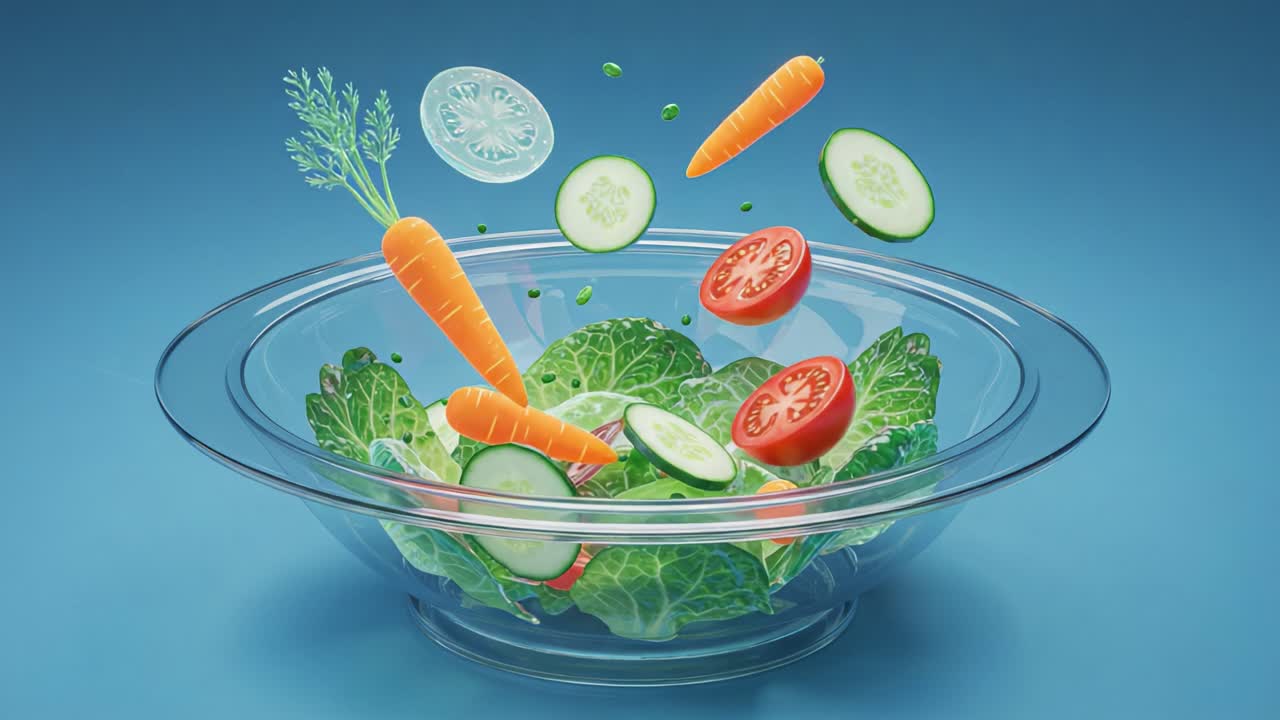 Vibrant Salad Preparation: Fresh Vegetables and Greens in a Transparent Bowl, Showcasing a Colorful Array of Healthy Ingredients Ready for a Delicious Meal