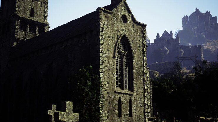 Historic stone church stands against a medieval castle backdrop under clear sky