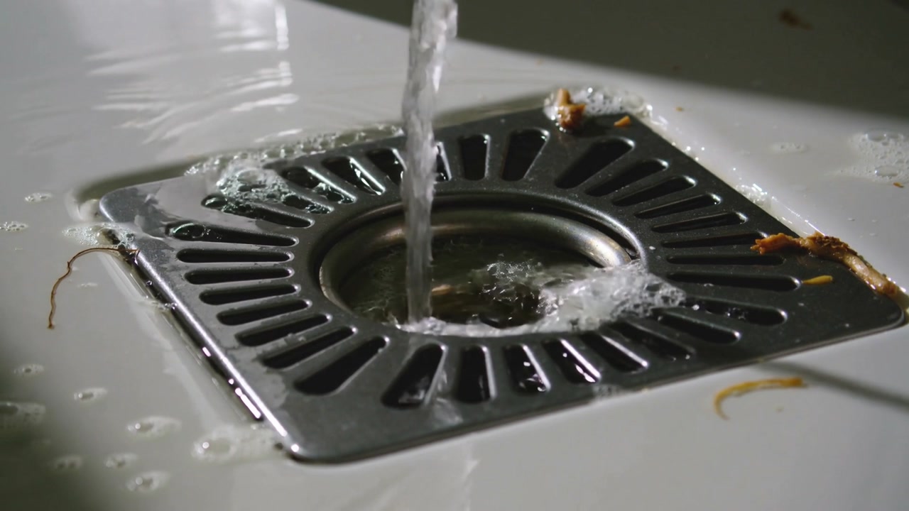 Releasing vertical stream, faucet sending water into sink grate, forming vortex draining residue