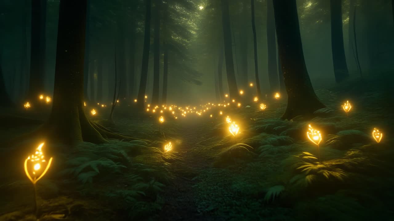 Enchanted Forest Path Illuminated by Magical Golden Lights