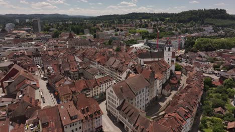 drone view of aarau’s old town with red roofs and historic buildings in aargau, switzerland