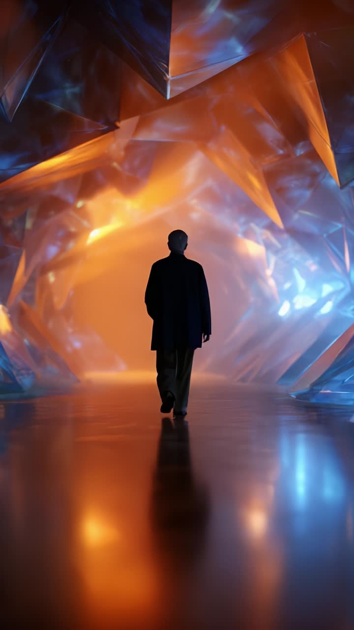 Uma figura solitária caminhando por uma caverna de cristal iluminada e hipnotizante, cercada por tons vibrantes de laranja e azul refletindo em superfícies angulares