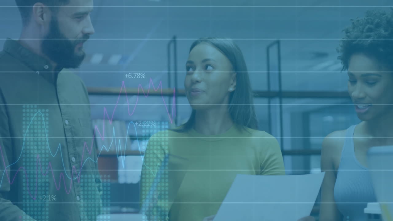 Animation of financial data processing over diverse business people in office