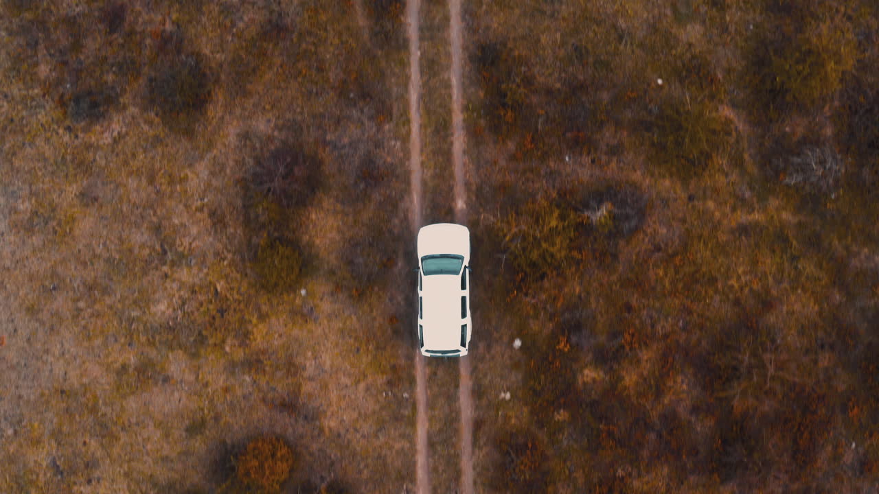 White jeep driving on a dirt country road in an autumn field,overhead