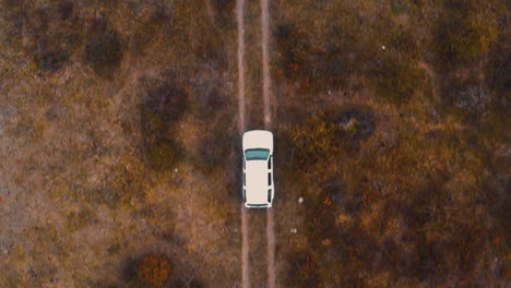 white jeep driving on a dirt country road in an autumn field,overhead