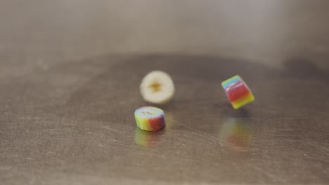 colorful caramel candies bouncing and falling all over
